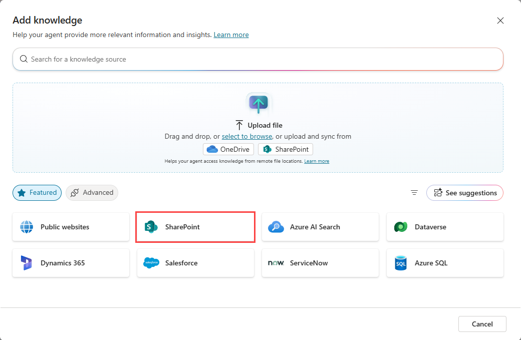 Screenshot of the Add knowledge dialog, highlighting the SharePoint option.