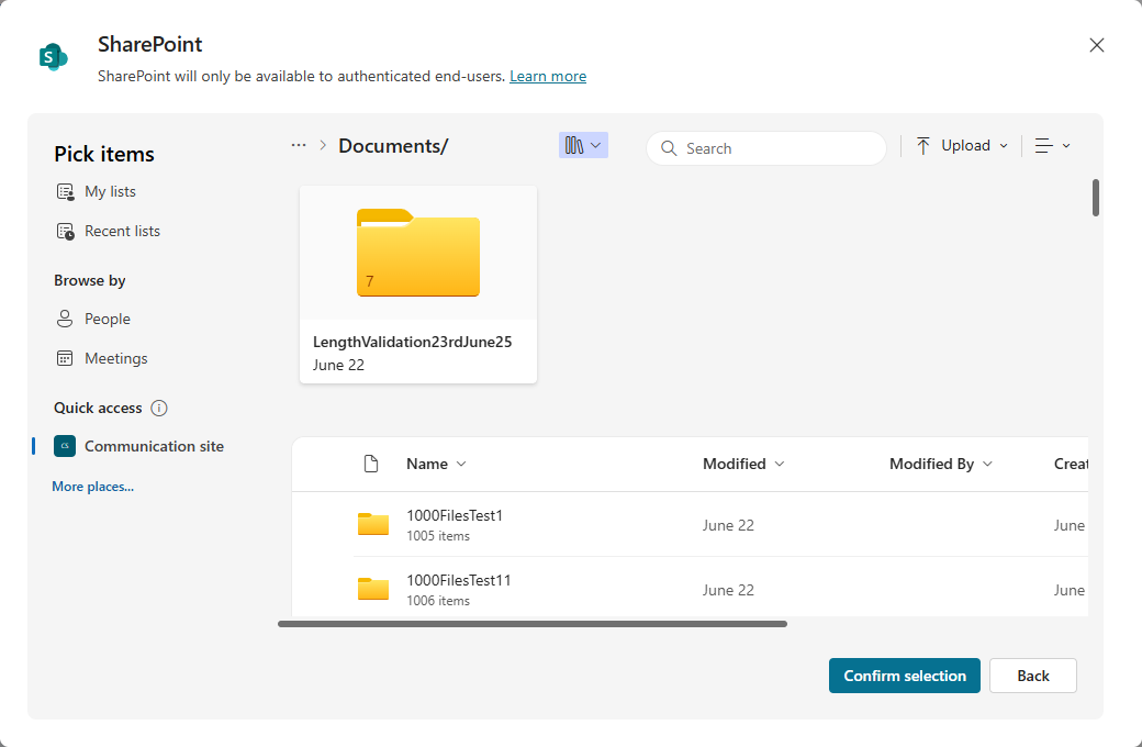 Screenshot of the Add knowledge dialog, after the SharePoint option was selected, and the maker selected the Browse items option to select lists.