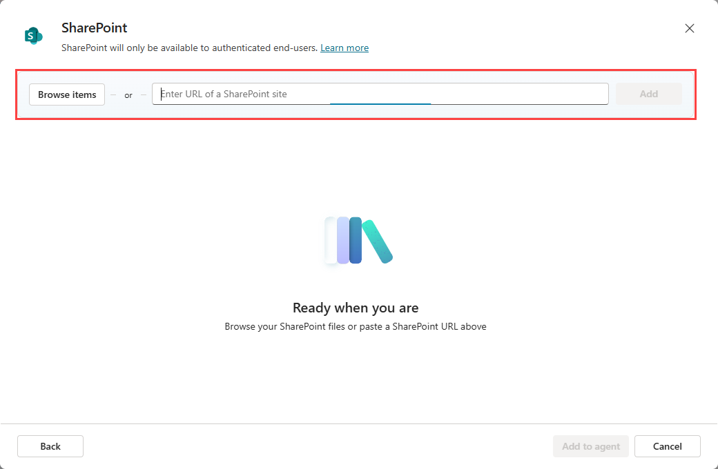 Screenshot of the Add knowledge dialog, after the SharePoint option was selected, highlighting the Browse items and enter URL options.