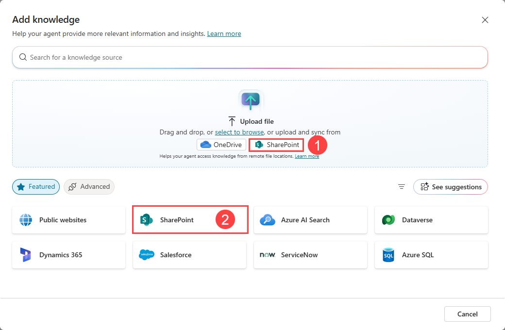 Screenshot of the Add knowledge dialog, highlighting the two SharePoint options.