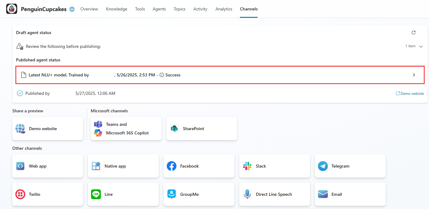 Screenshot of the Channels page, highlighting the details of a trained NLU+ model.