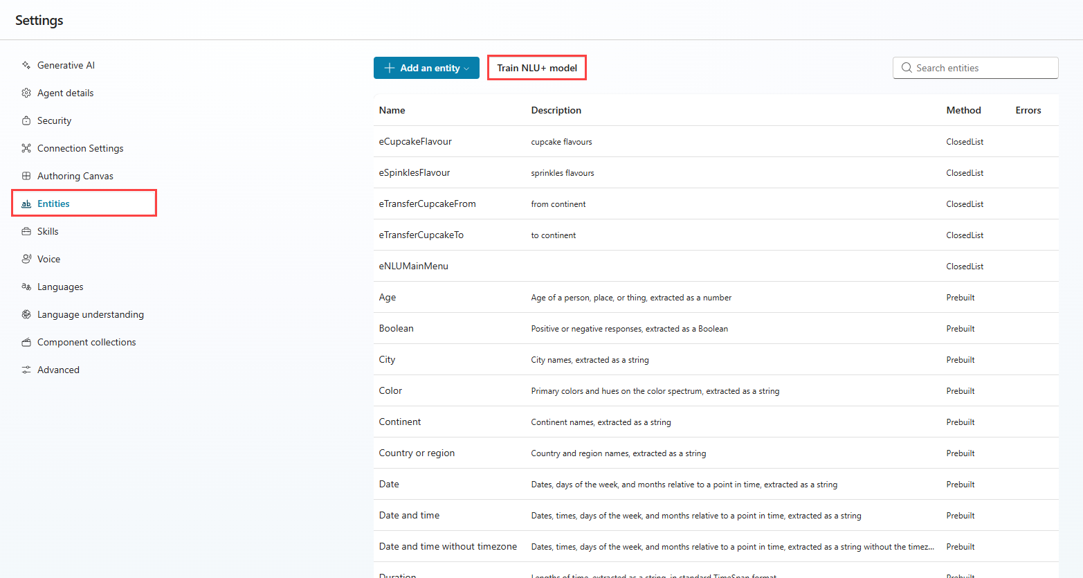 Screenshot of the Entities settings page, highlighting the Train NLU+ model button.