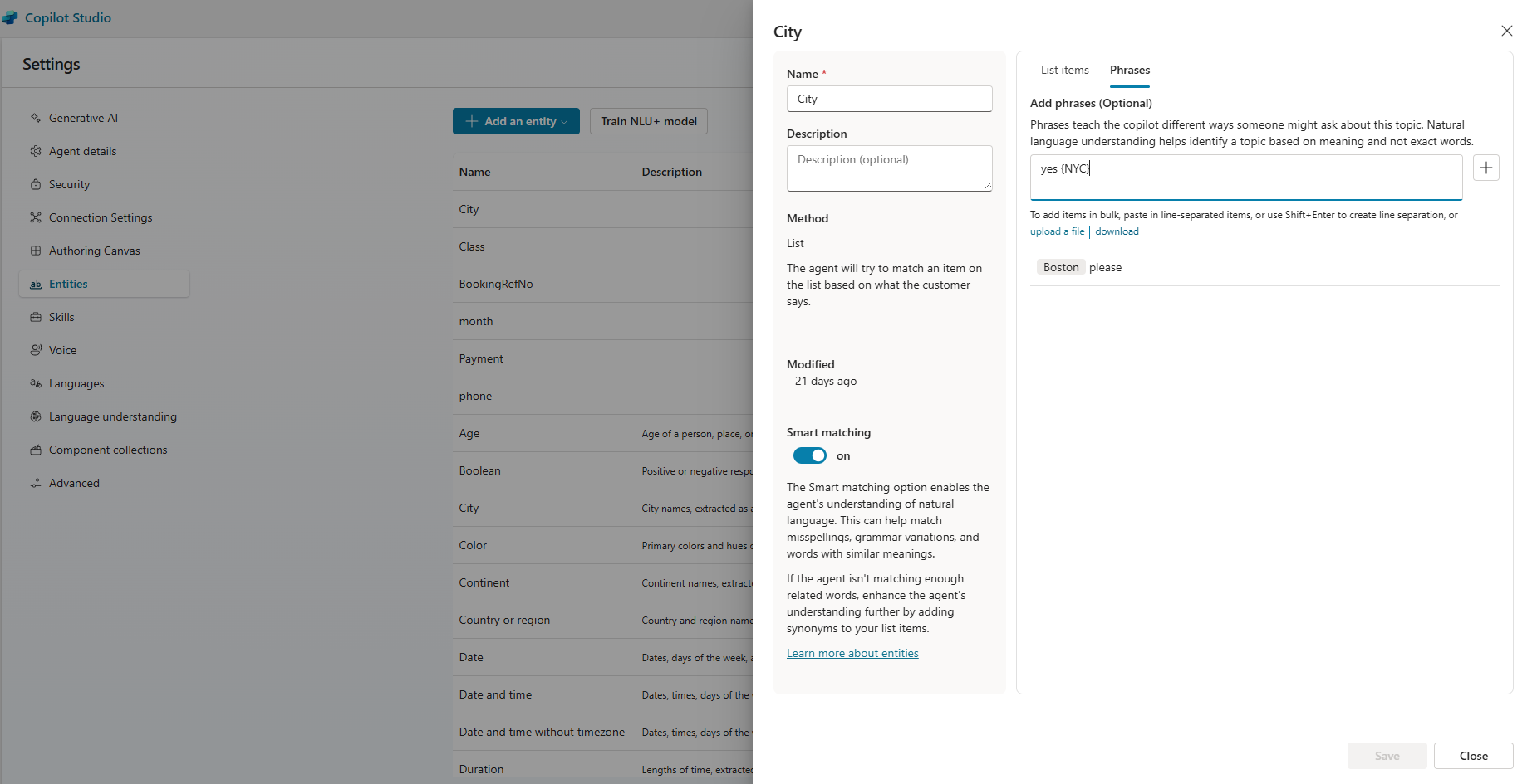 Screenshot of the Entities page, illustrating the proper syntax of an entity for usage with NLU+.