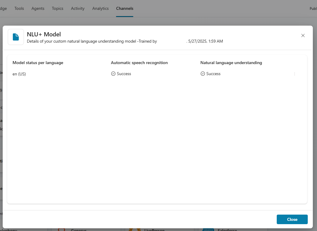 Screenshot of the Publish dialog for an NLU+ model.