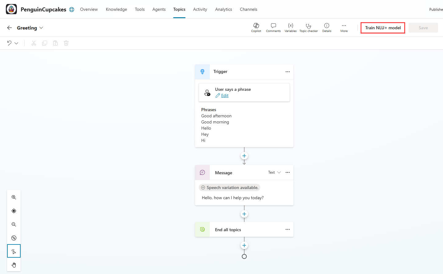 Screenshot of the Topics page, highlighting the Train NLU+ model button.