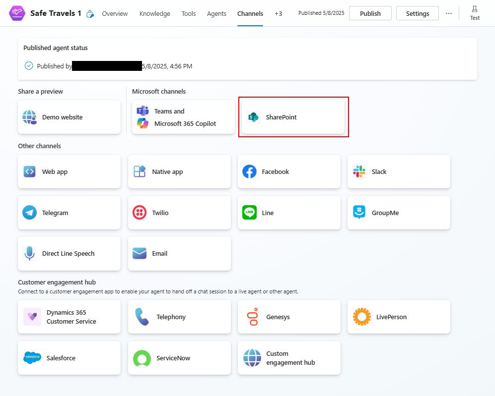Screenshot of the Copilot Studio user interface, highlighting the Channels page with the SharePoint tile selected.