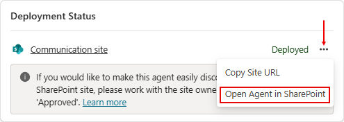 Screenshot of the Select SharePoint panel indicating the ellipsis and Open Agent in SharePoint option.