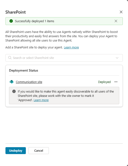 Screenshot of the Select SharePoint panel indicating the successful deployment of the SharePoint site as a channel.