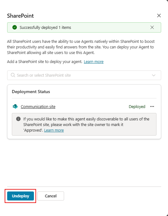 Screenshot of the Select SharePoint panel indicating the Undeploy button.