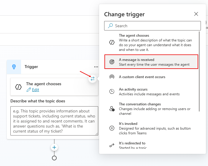 Screenshot of authoring canvas pointing to Change Trigger icon.