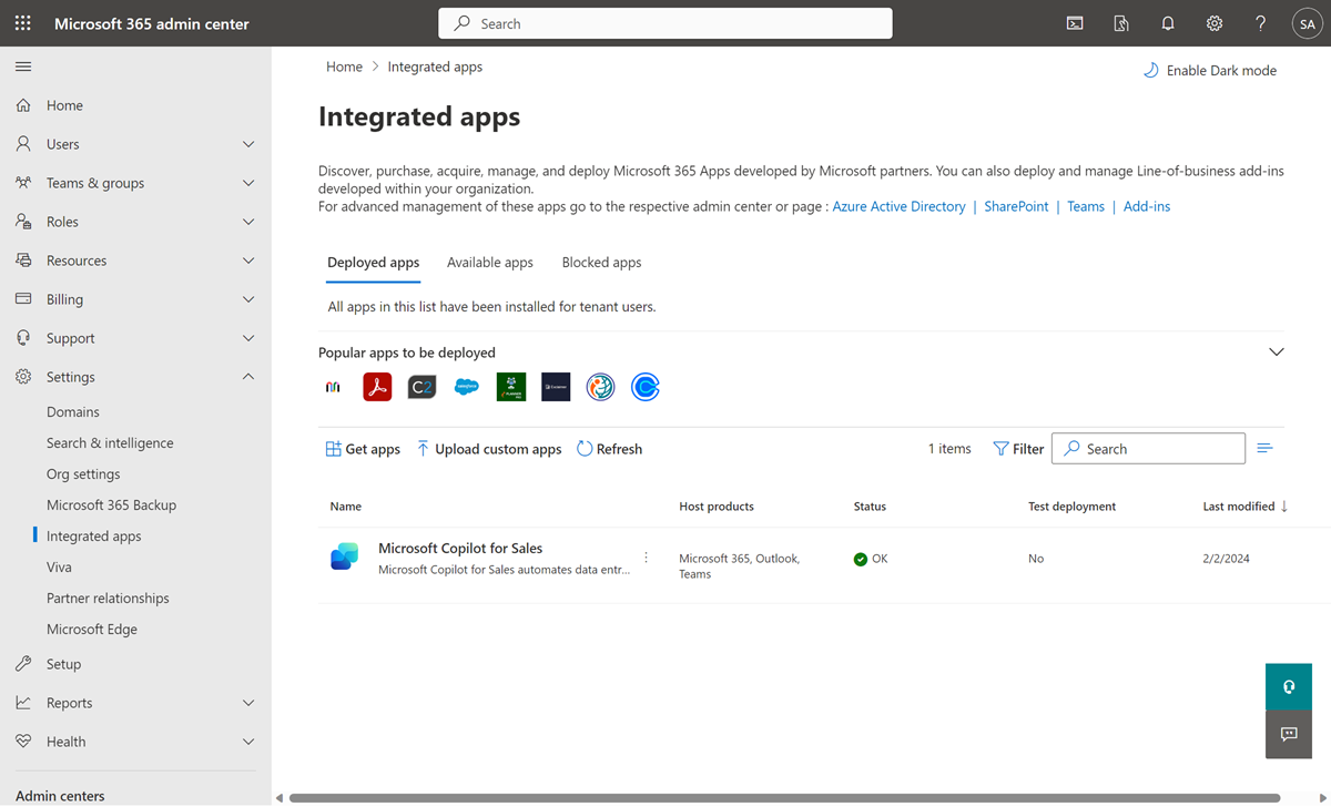 Screenshot showing Copilot for Sales installed as an integrated app. Screenshot showing Copilot for Sales installed as an add-in for Outlook.