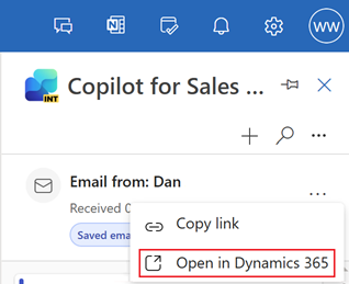 Screenshot of the Open in (CRM) option in the More actions menu.