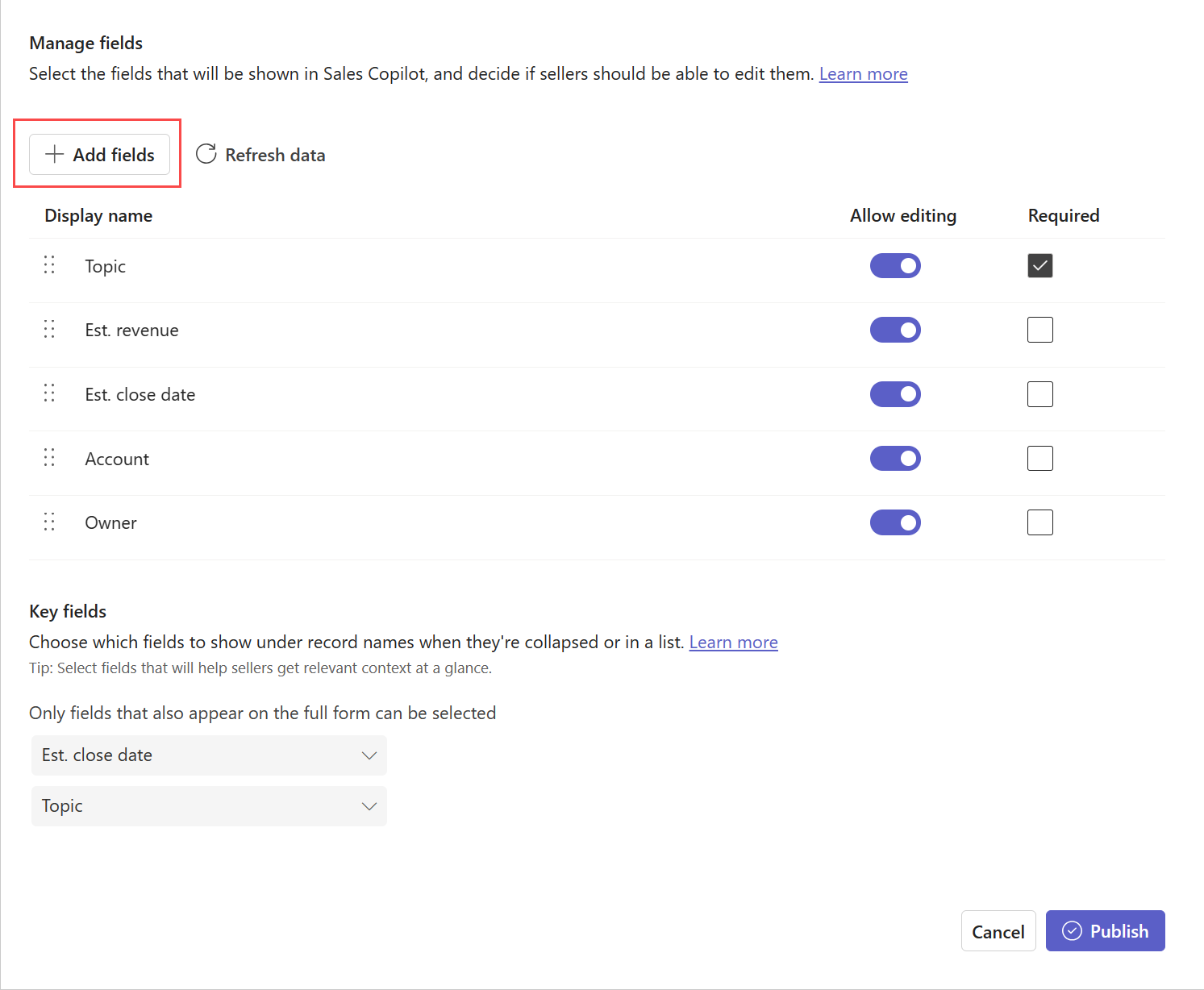 Screenshot showing how to add fields to a CRM record in Copilot for Sales. Screenshot showing how to add fields to a CRM record in Copilot for Sales.