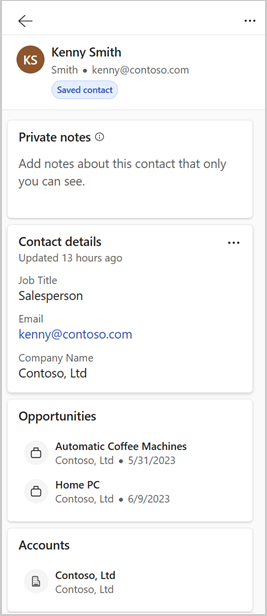 Screenshot showing detailed view of CRM records in Copilot for Sales. Screenshot showing detailed view of CRM records in Copilot for Sales.
