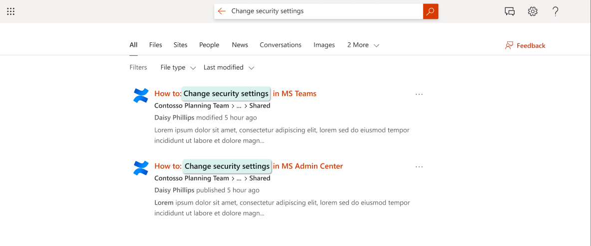This screenshot shows an example of confluence merged search results in the All tab.