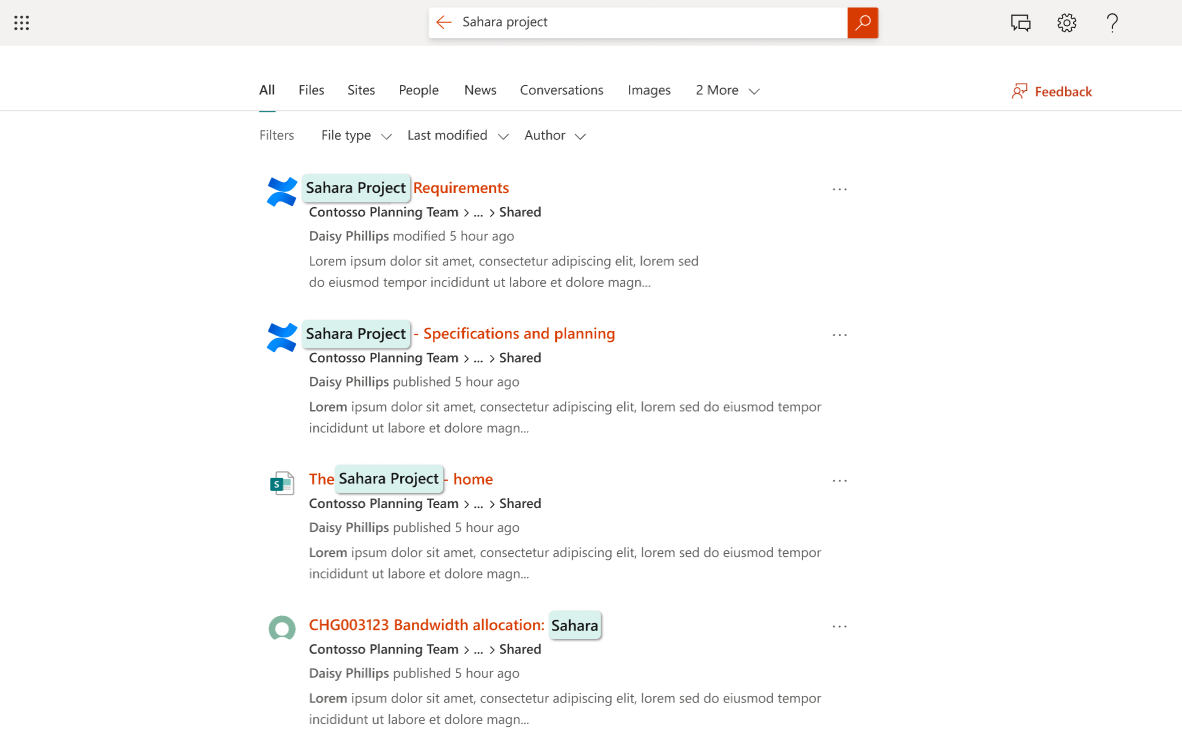 This screenshot shows an example of confluence and servicenow merged search results in the All tab.
