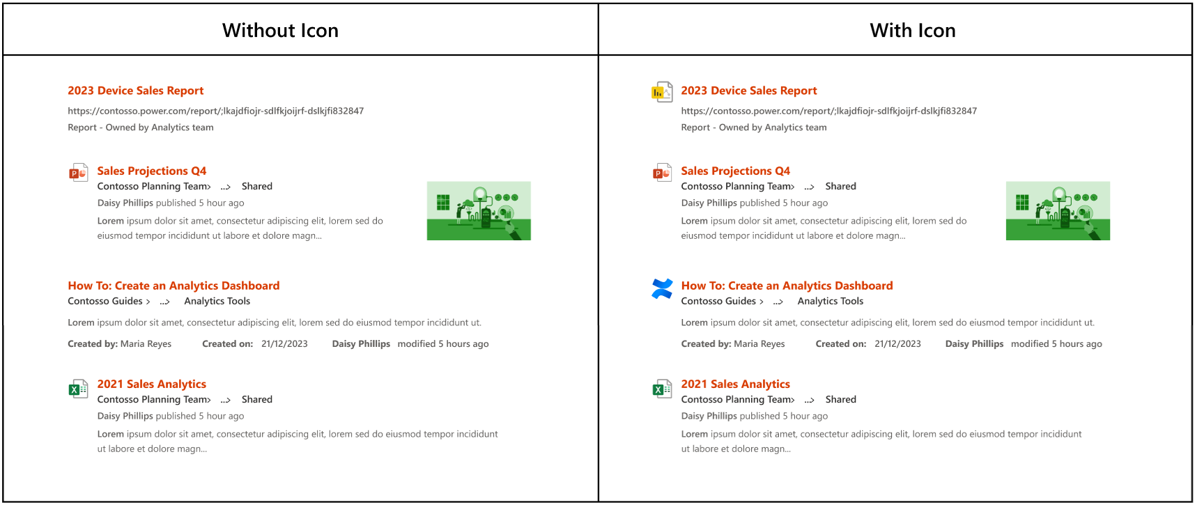 This screenshot shows an example of merged connector results in the All tab with and without icons.