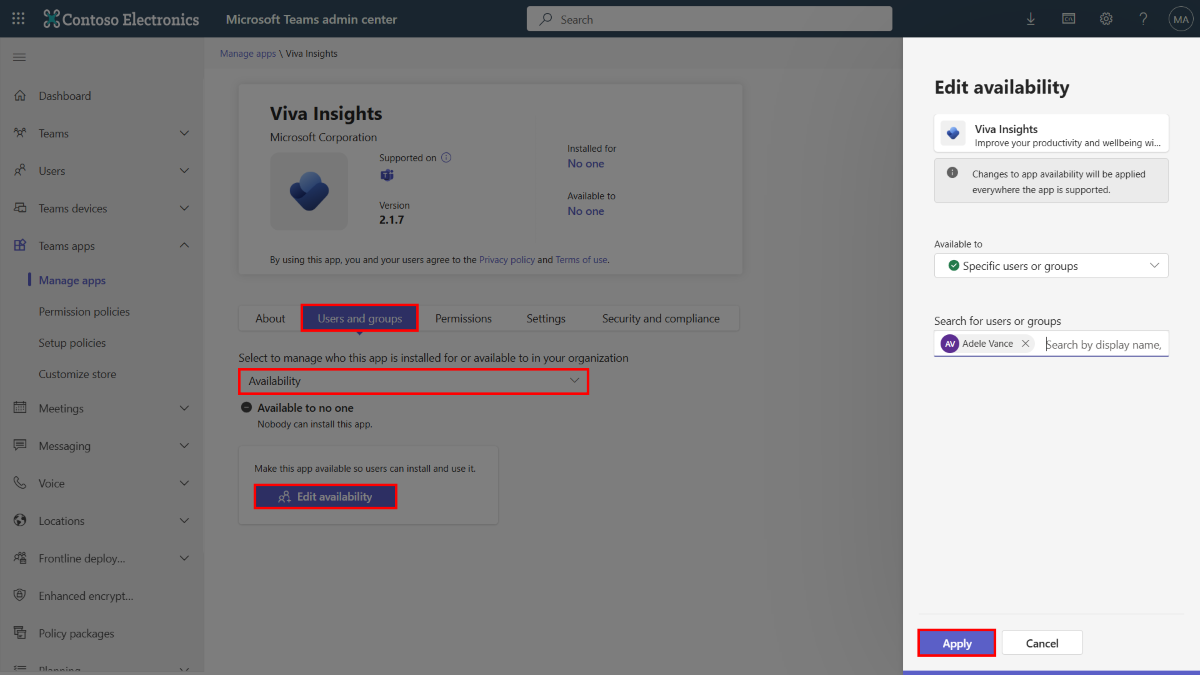 Screenshot shows how to define the app availability from the app details page.