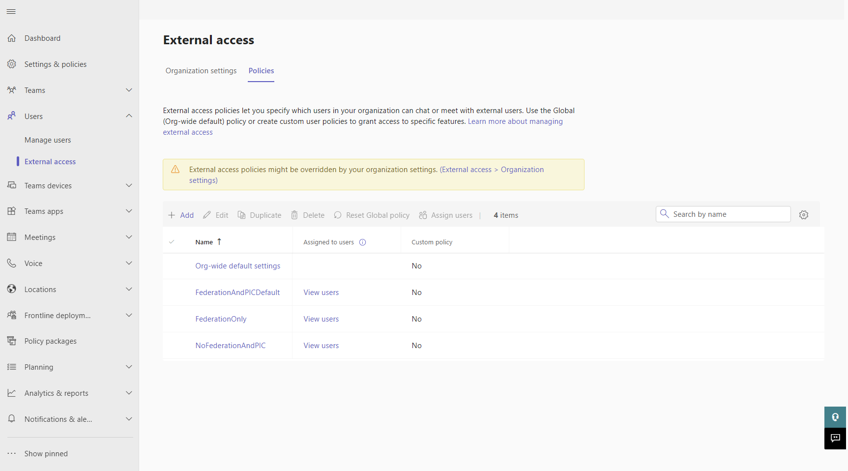 A screenshot of the external access policy page in the Teams admin center.