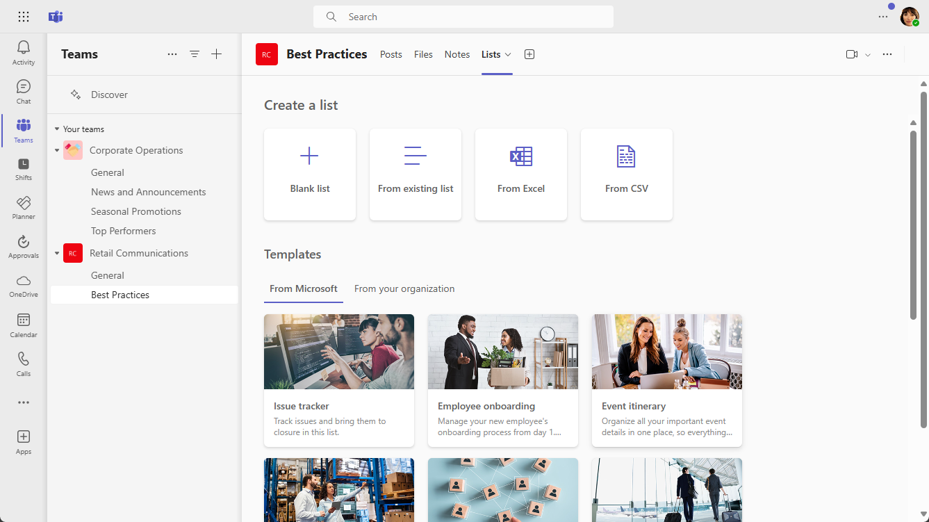 The Lists app added as a tab in a channel, showing options for creating a new list.