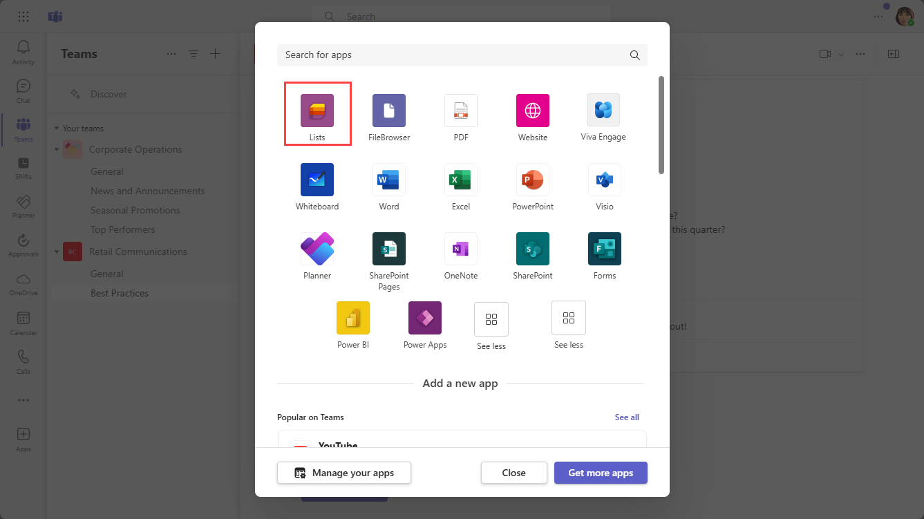 The Lists app in the tab gallery in Teams.