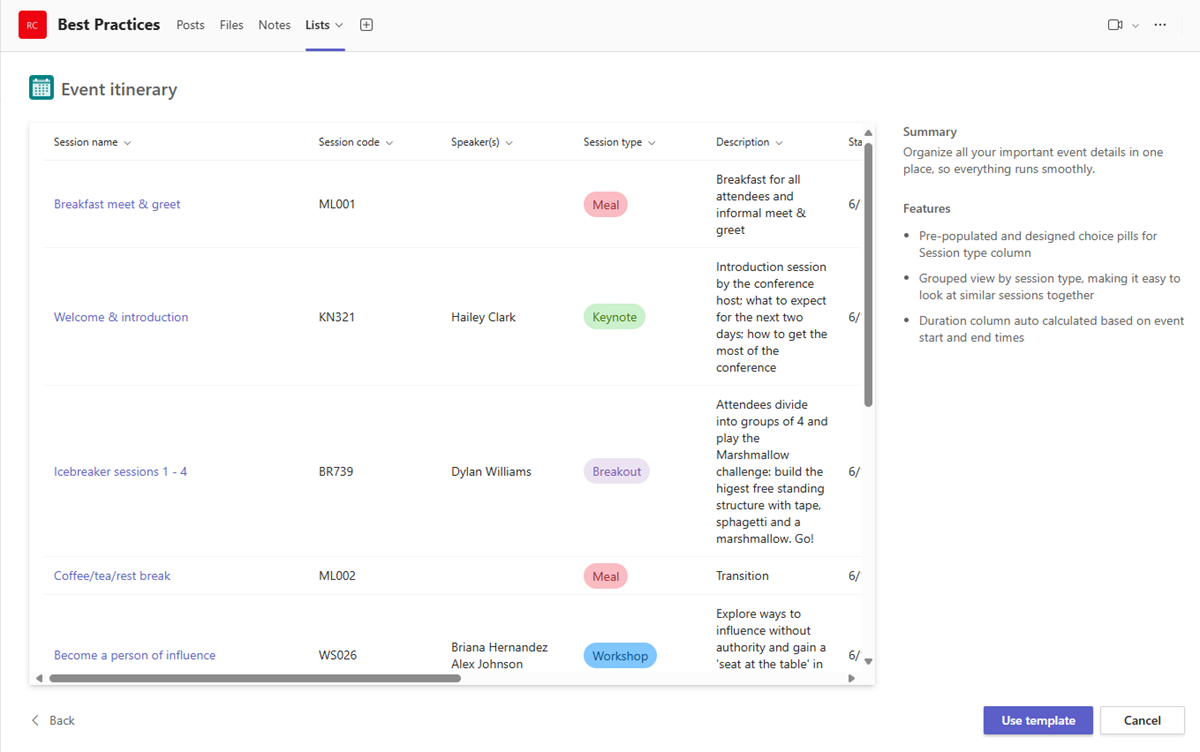 The Event itinerary template in Lists.