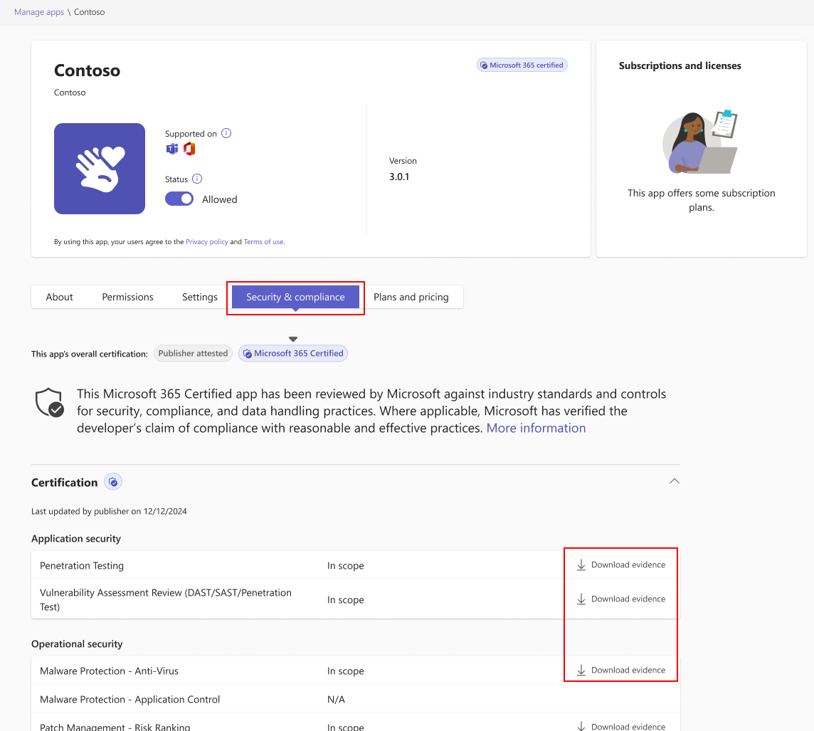 Screenshot showing the option to download detailed evidence provided by developers of certified apps.