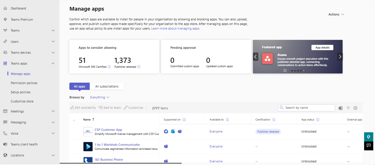 Screenshot showing the Manage apps page in Teams admin center.