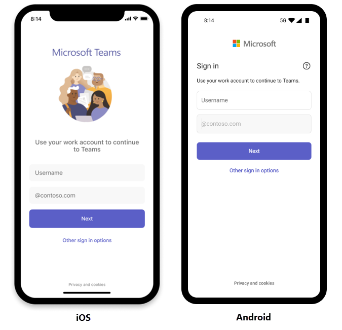 Screenshot of the sign-in screen showing the prefilled domain name on Teams for iOS and Android.