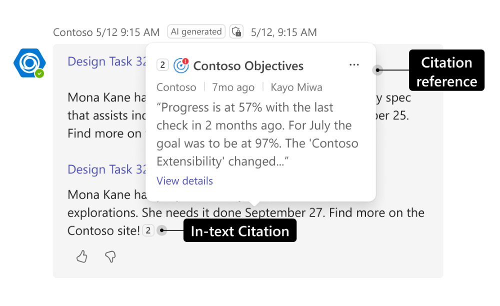 Screenshot shows an AI-powered bot response with citations in the Teams desktop client.