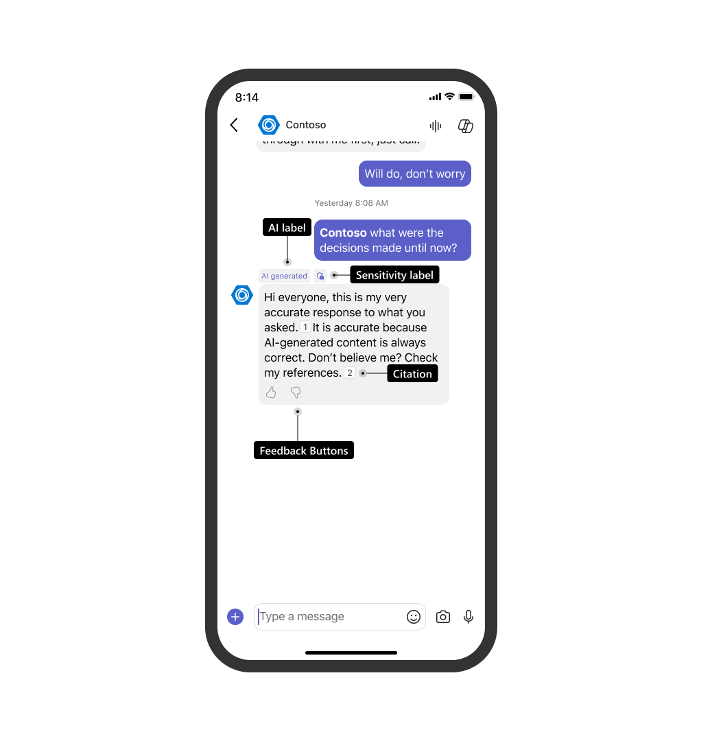 Screenshot shows a bot message with AI label, citation, feedback buttons, and sensitivity label in Teams mobile client.