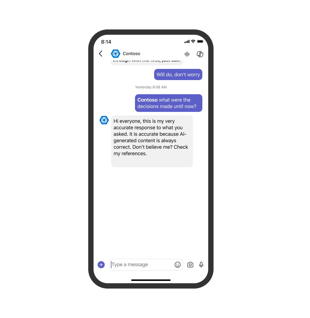 Screenshot shows a bot message with no AI label, citation, feedback buttons, and sensitivity label in Teams mobile client.