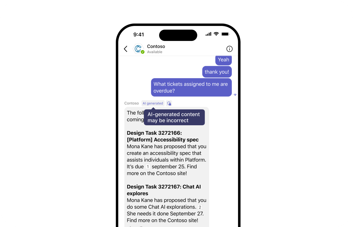 Screenshot shows an AI label in a bot message in the Teams mobile client.