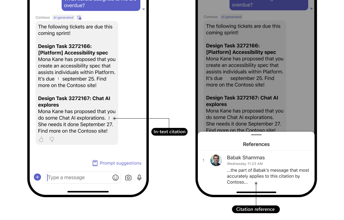 Screenshot shows an AI-powered bot response with in-text citation and the citation reference in the Teams mobile client.