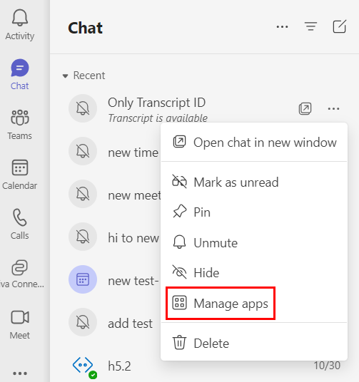 Screenshot shows the Manage apps option from the dropdown menu of a Teams chat.
