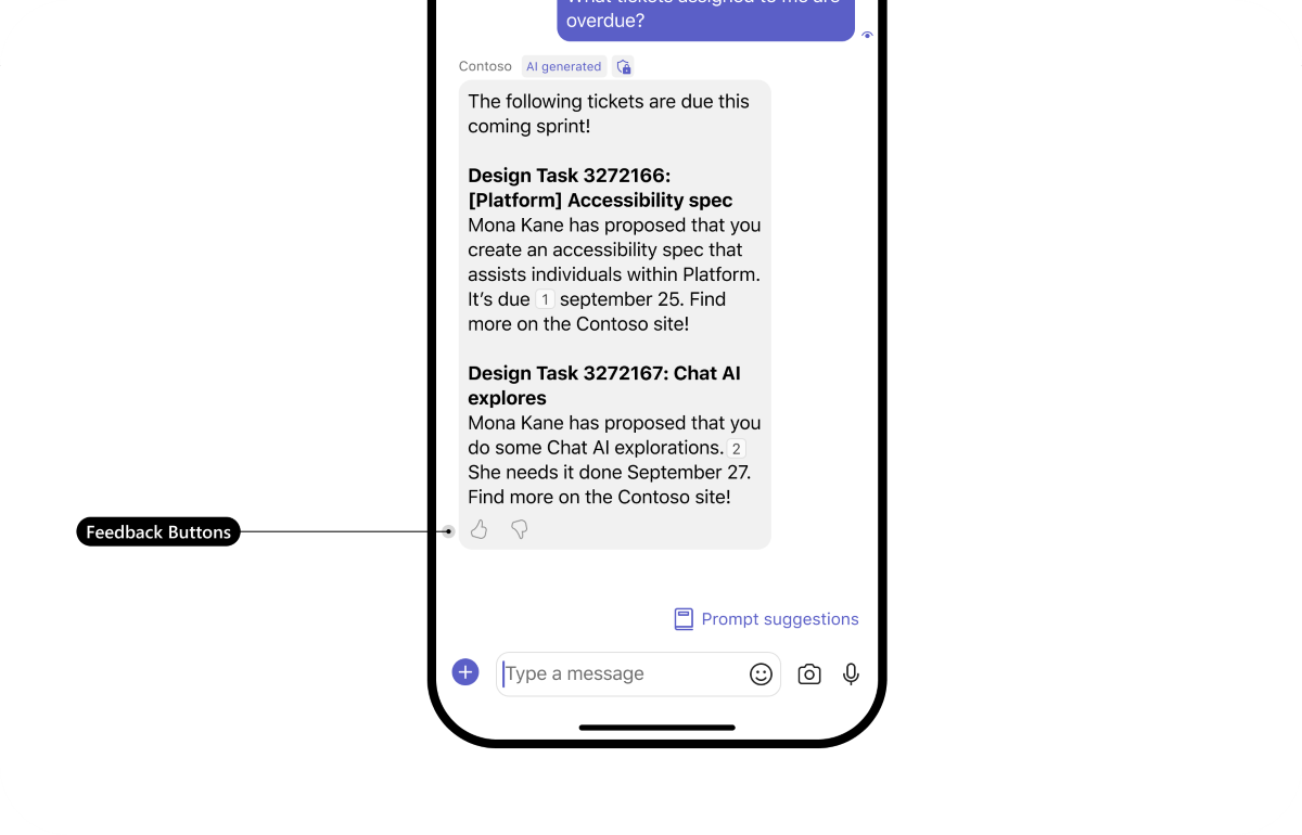 Screenshot shows the feedback buttons in a bot in the Teams mobile client.