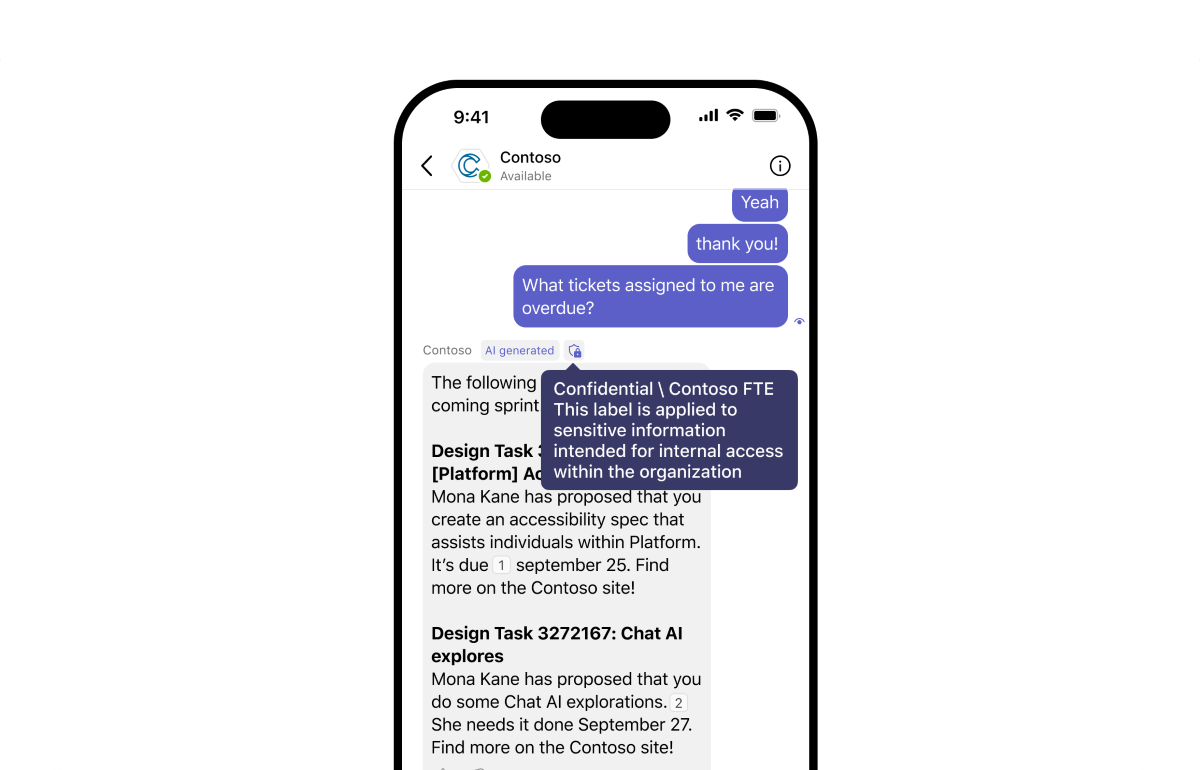 Screenshot shows an AI-powered bot with sensitivity label in the Teams mobile client.