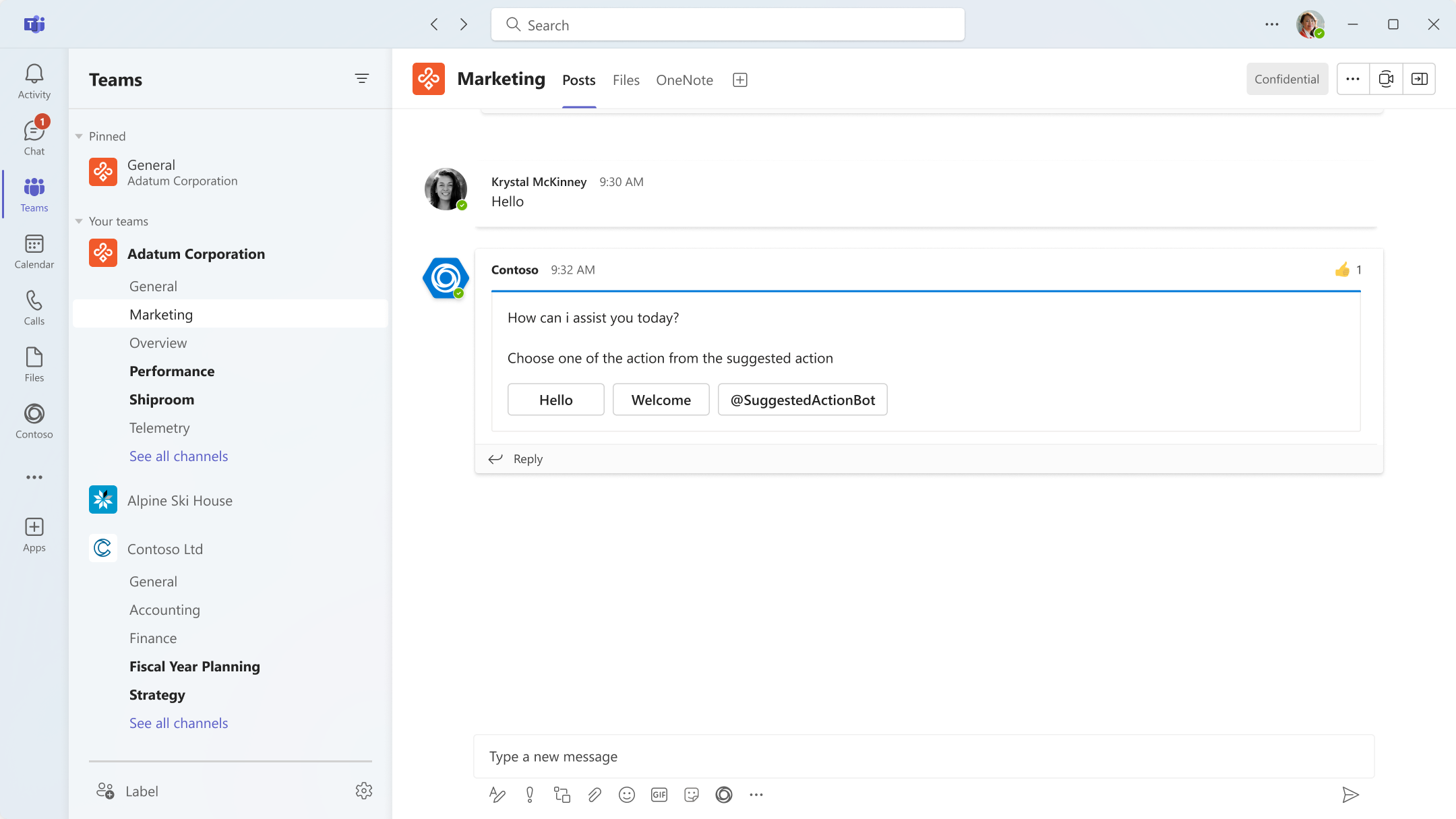 Image shows suggested actions in a channel in a desktop client.
