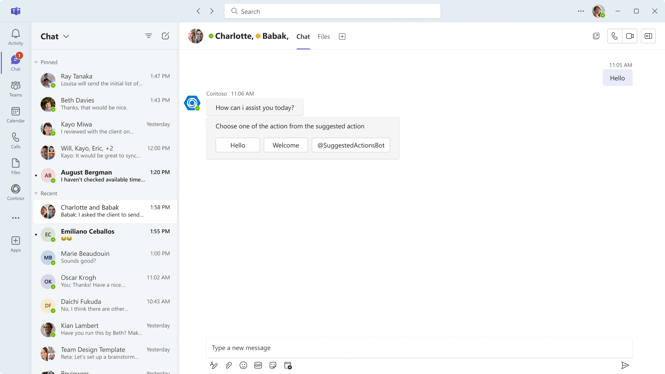 Image shows suggested actions in a group chat in a desktop client.