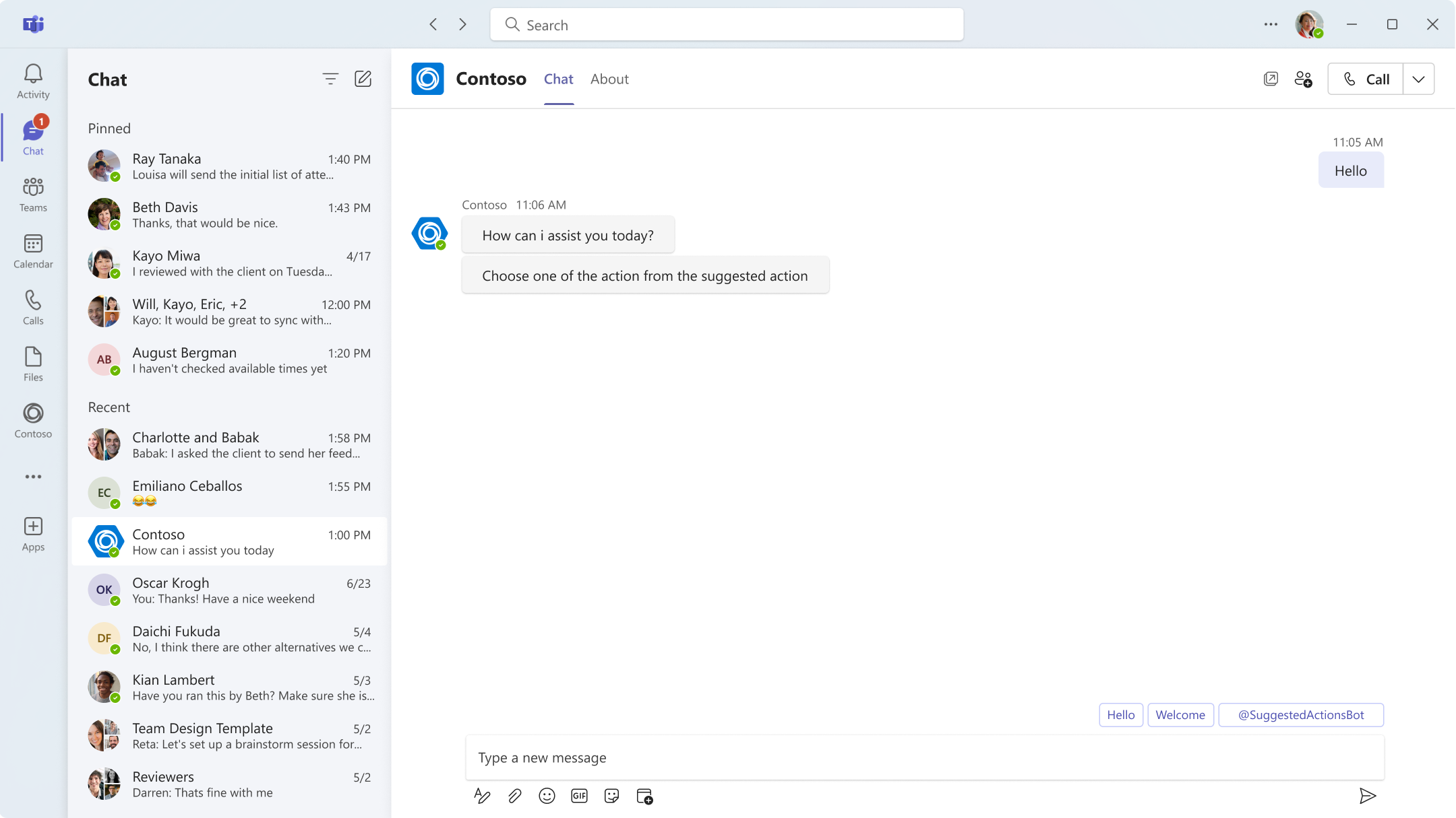 Image shows suggested actions in a personal chat in a desktop client.