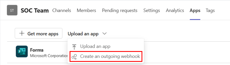 Screenshot shows the select create outgoing webhook option.