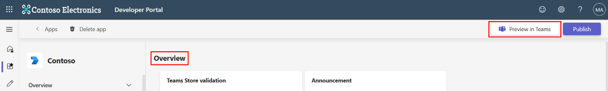 A screenshot of Developer Portal's overview page with the Preview in Teams button highlighted in red.