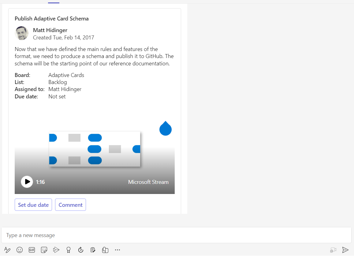 Screenshot shows an Adaptive Card with media files in a Teams chat.