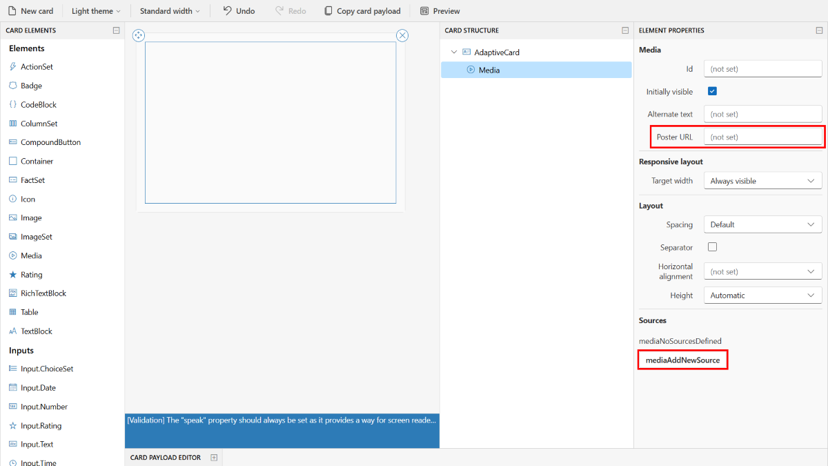 Screenshot shows you the Adaptive Card schema with media elements.