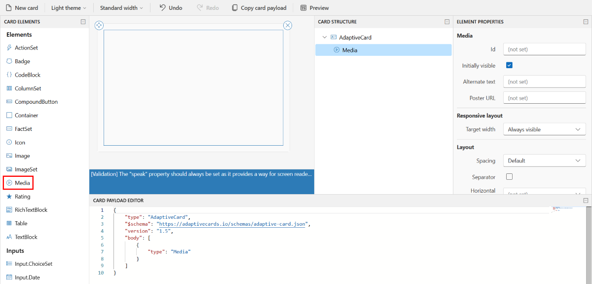 Screenshot shows you the Adaptive Card with media elements.