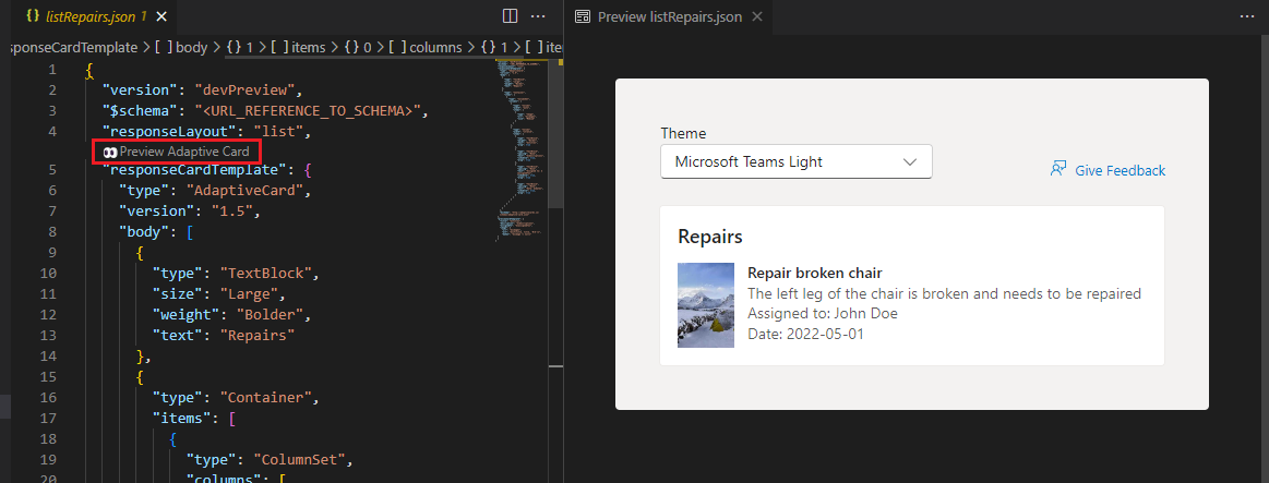 Screenshot shows a sample preview of an Adaptive Card when updating an Adaptive Card.