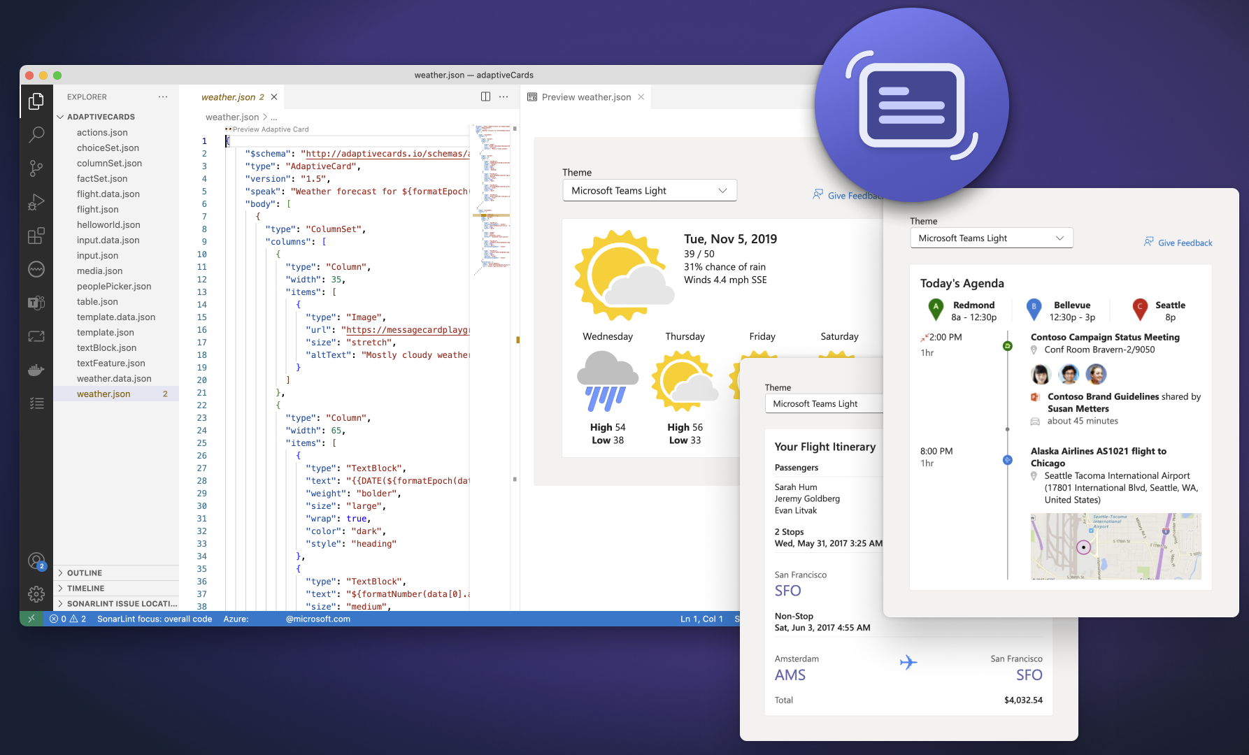 Screenshot shows the Adaptive Card Previewer extension Visual Studio Code.