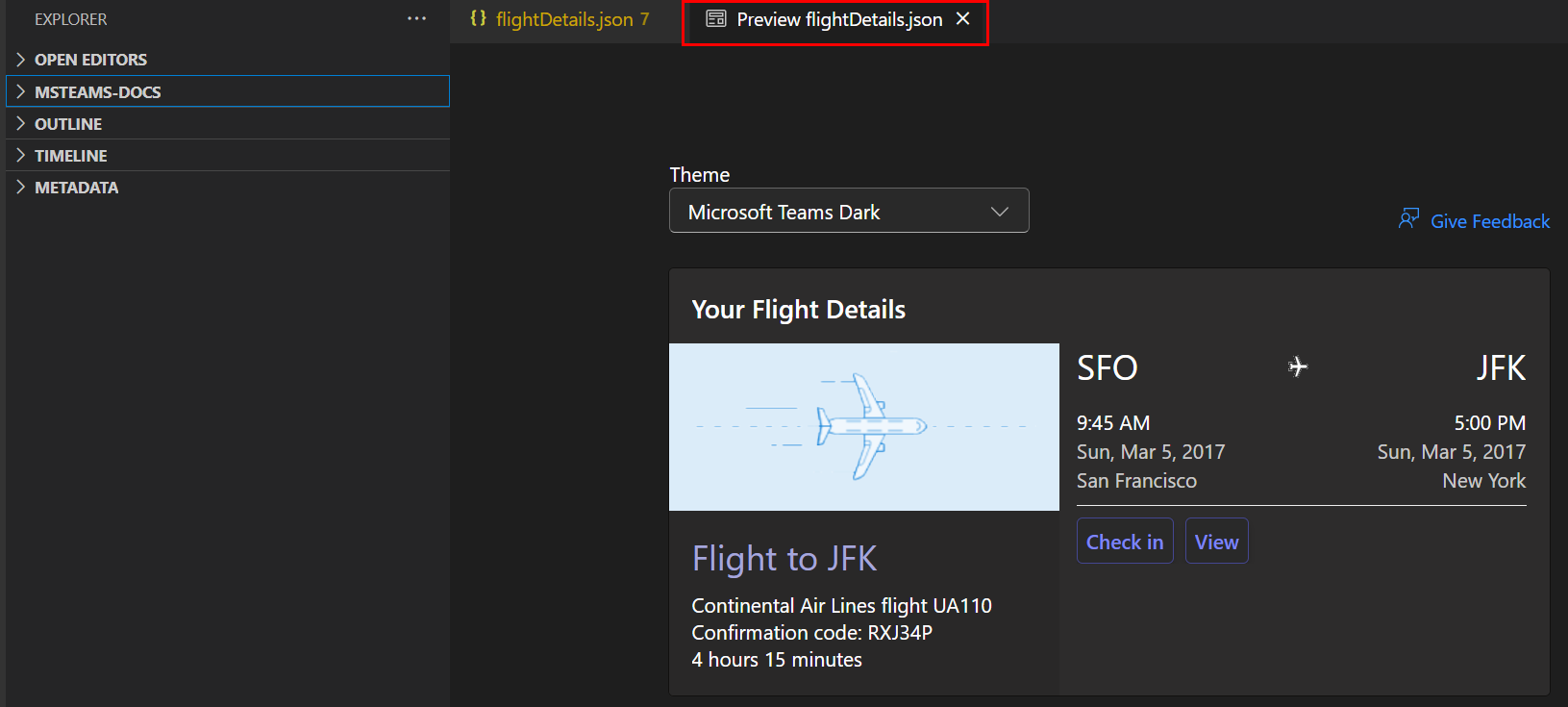 Screenshot shows the preview of Adaptive Card when selecting the option Adaptive Card: Open Preview in Command Palette.