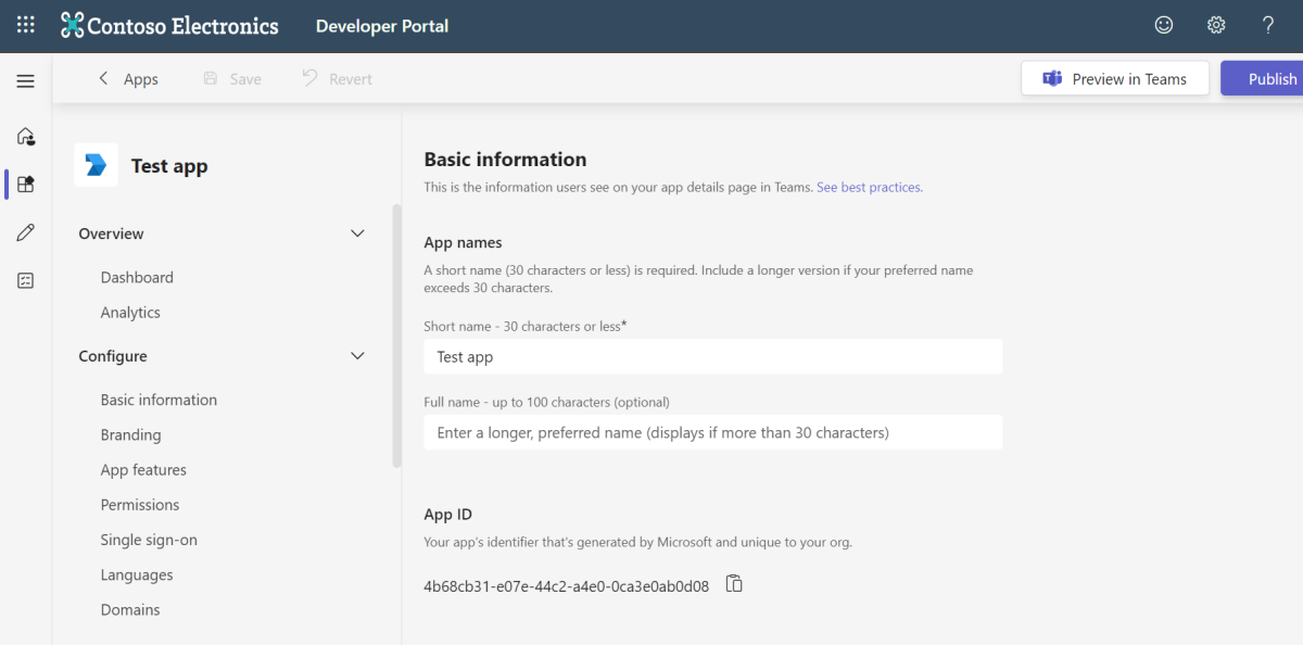 Screenshot shows the basic information of the app you created in Developer Portal.