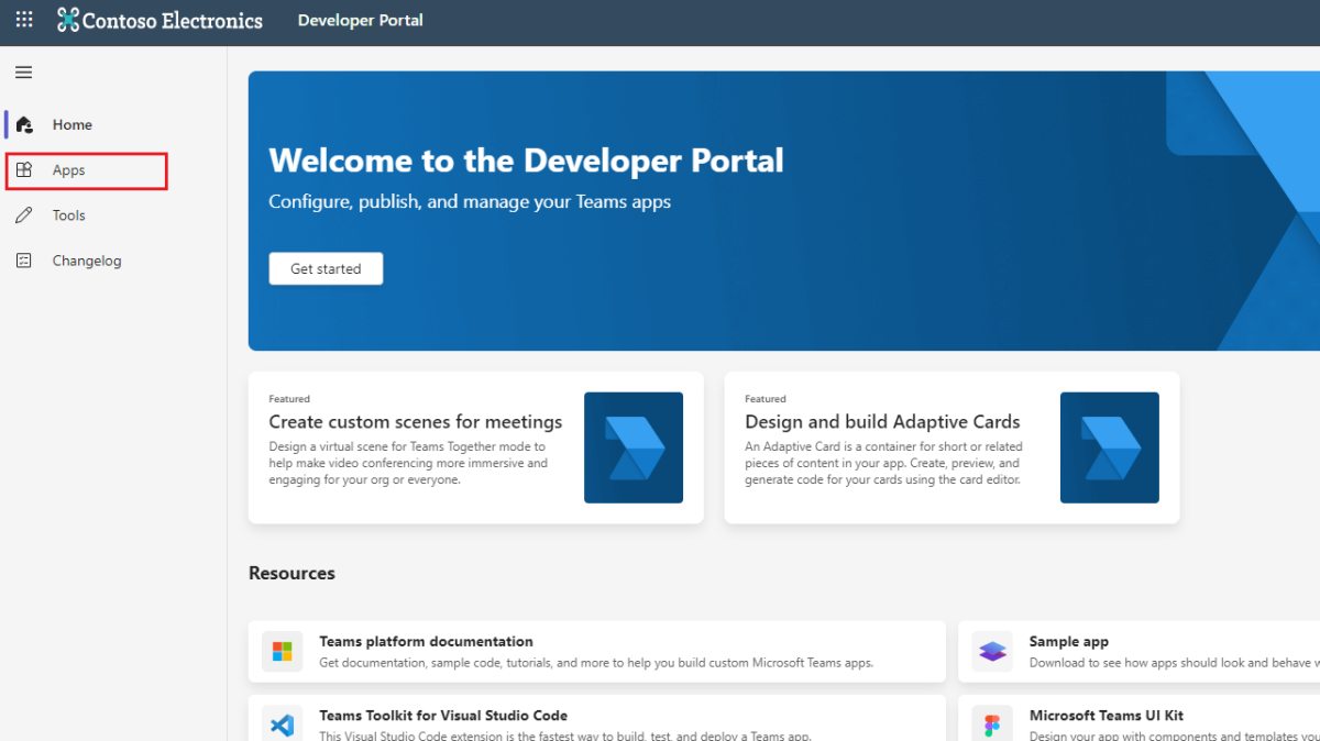 Screenshot shows the home page of Developer Portal with the Apps option highlighted in red.